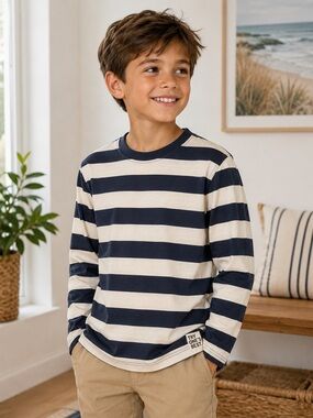 Zara Kids Navy &‎ Cream Striped Long Sleeve Tee Size 8 NWT Coastal Classic